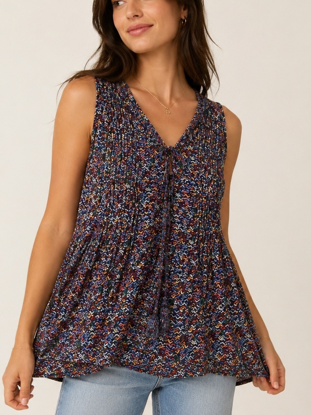 Maeve Babydoll Boho Swing Tank Medium Print Sleeveless Top Indie